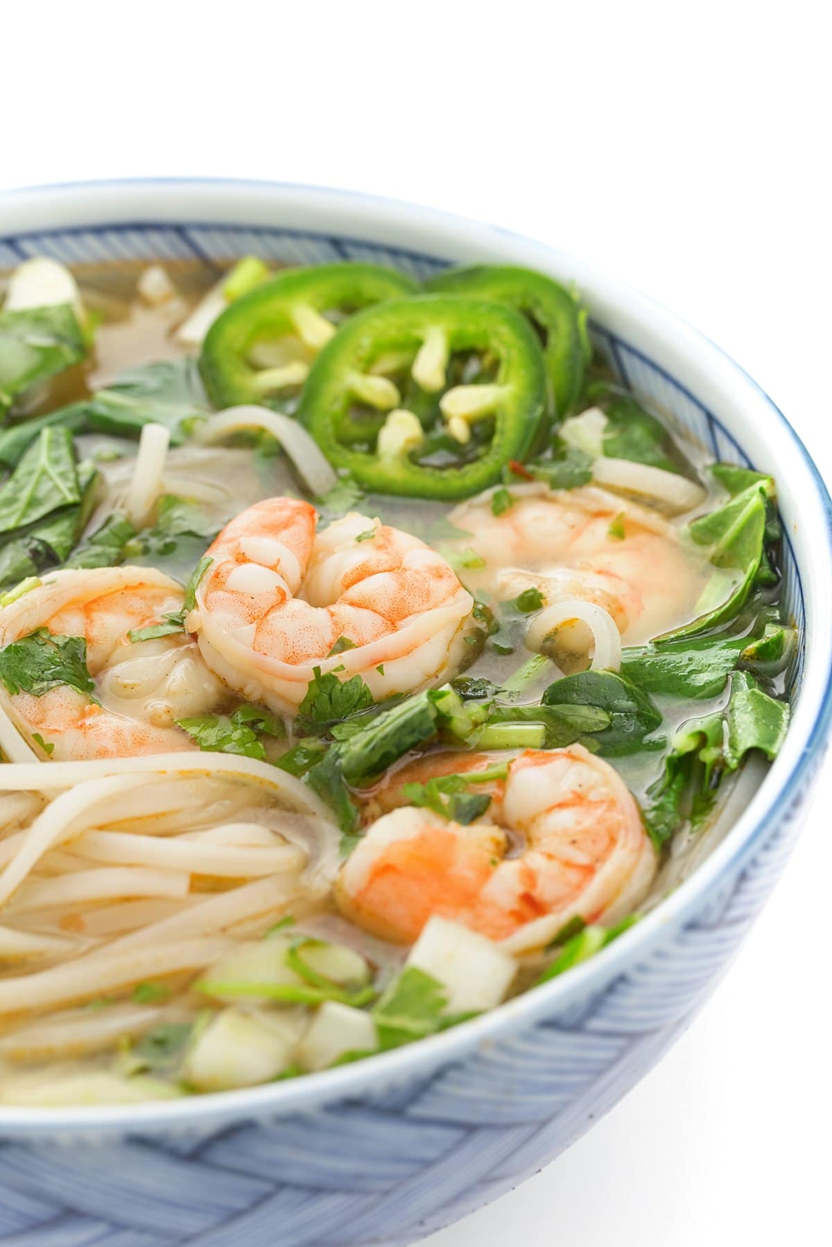 Vietnamese Shrimp Pho with Rice Noodles and Jalapenos