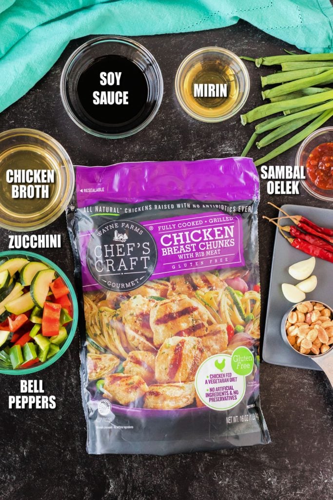 overhead shot of ingredients laid out to make kung pao chicken