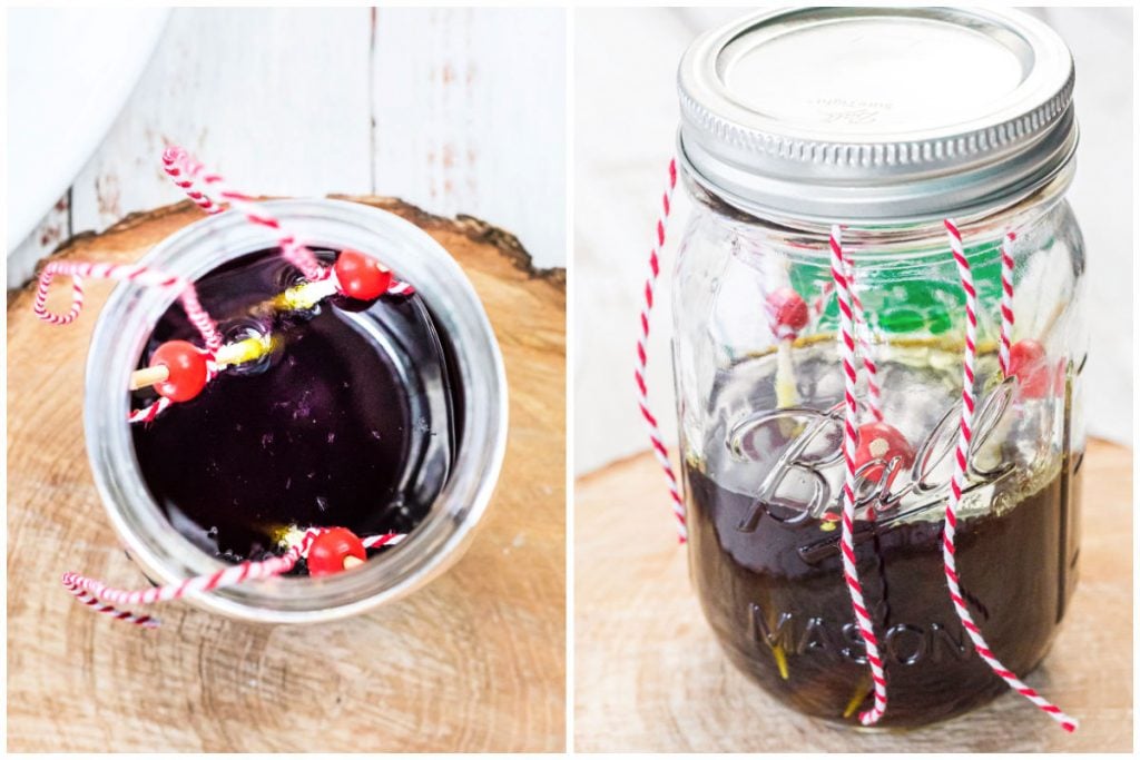 skewers dangling in mason jars to make rock candy