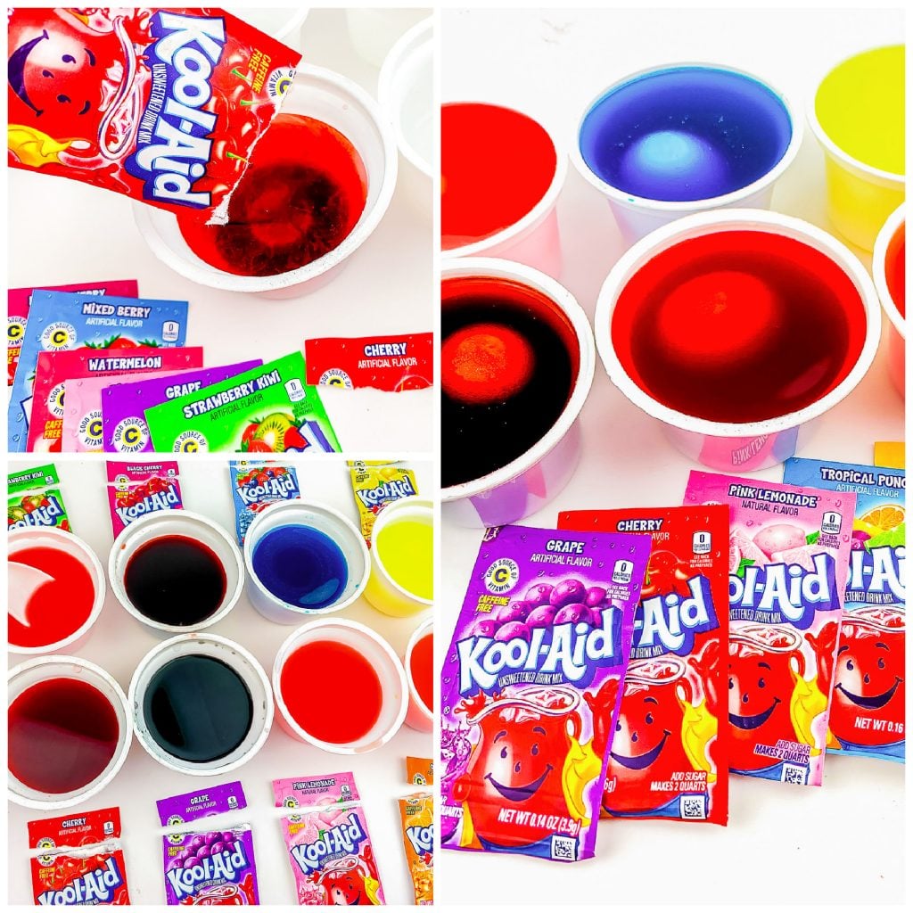 collage of pouring kool-aid into cups to dye eggs