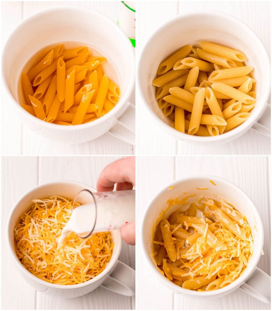 collage of 4 pics making mac n cheese