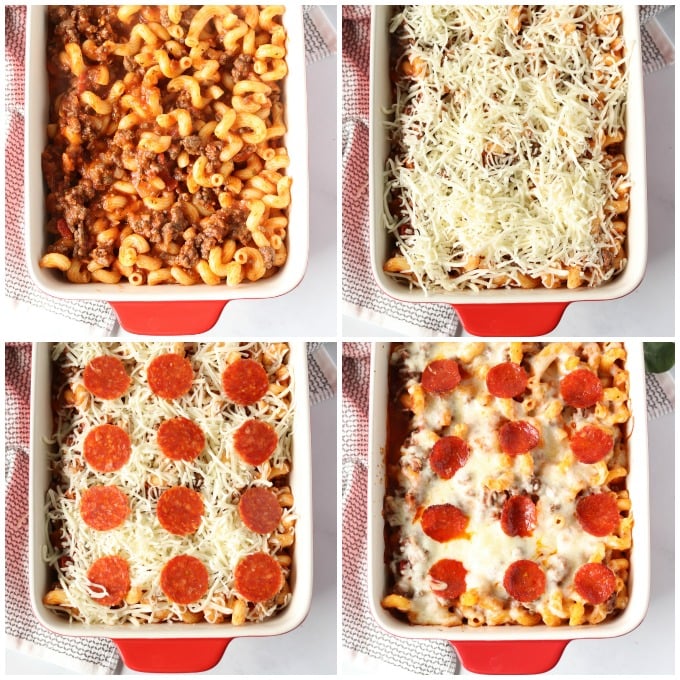 collage of process shots making a pizza pasta bake