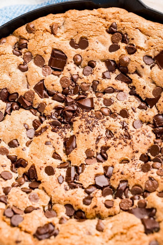 close up of a giant chocolate chip cookies