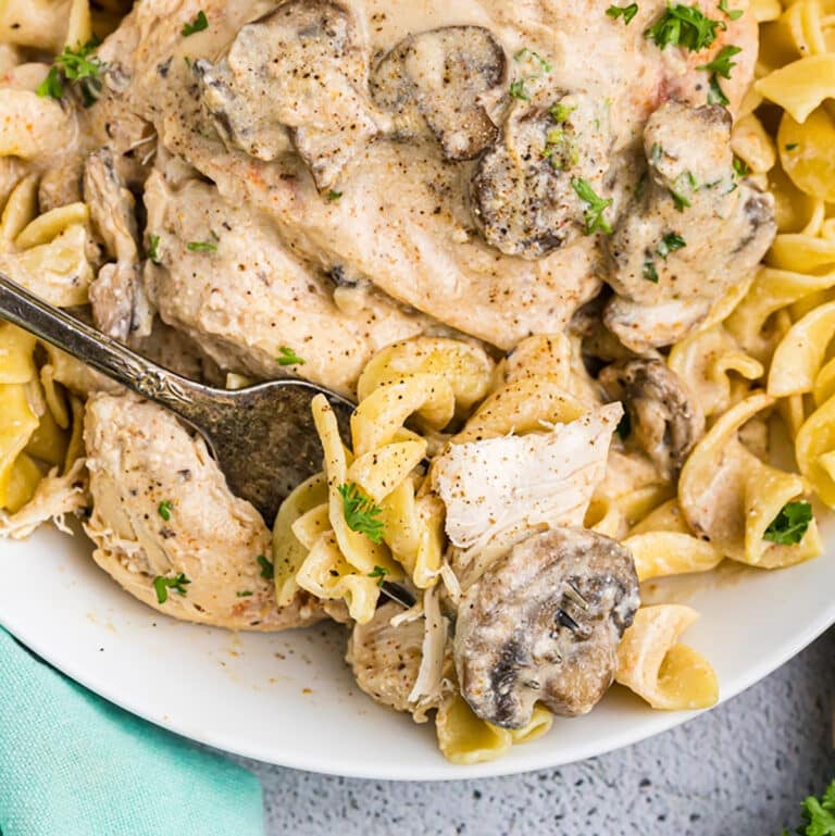 This easy Crockpot Cream of Mushroom Chicken is a family favorite and for good reason! The creamy mushroom sauce makes a delicious gravy for buttered noodles, rice pilaf, or mashed potatoes. | www.persnicketyplates.com
