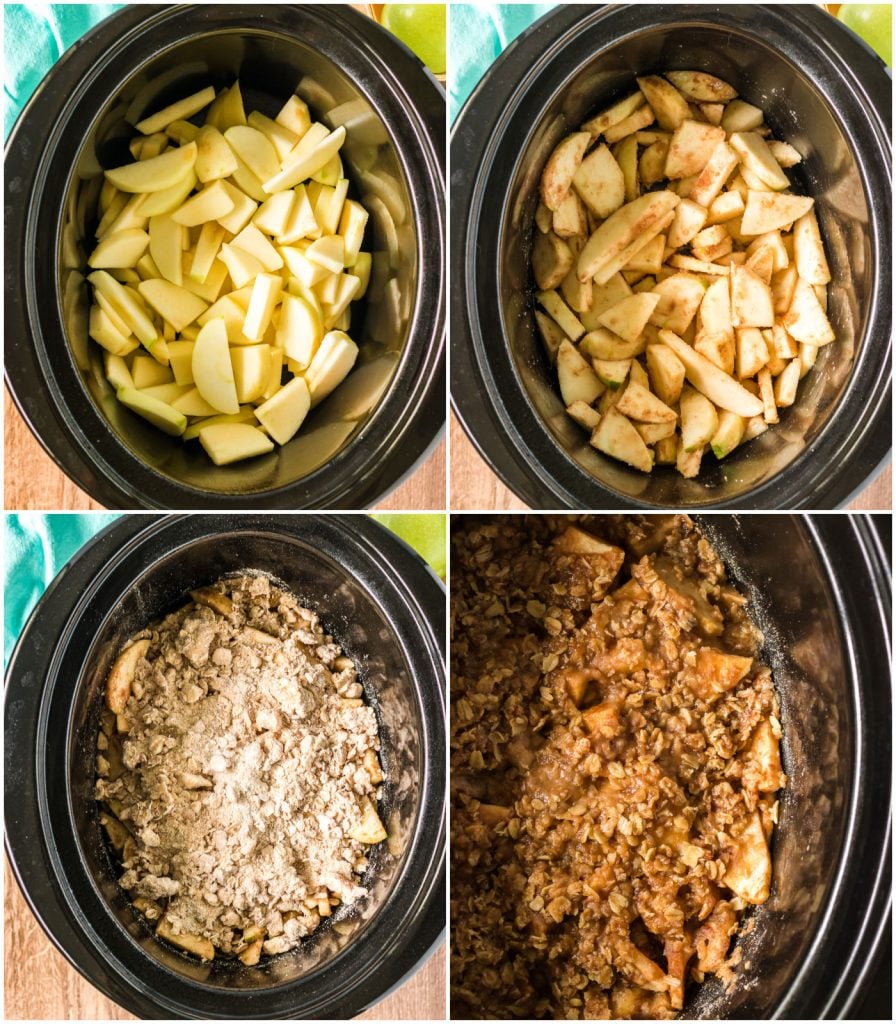 collage of slow cooker with sliced apples & oat topping to make a crisp