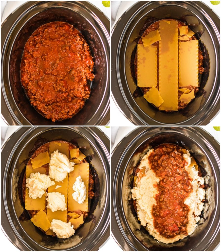 collage layers of lasagna in the slow cooker