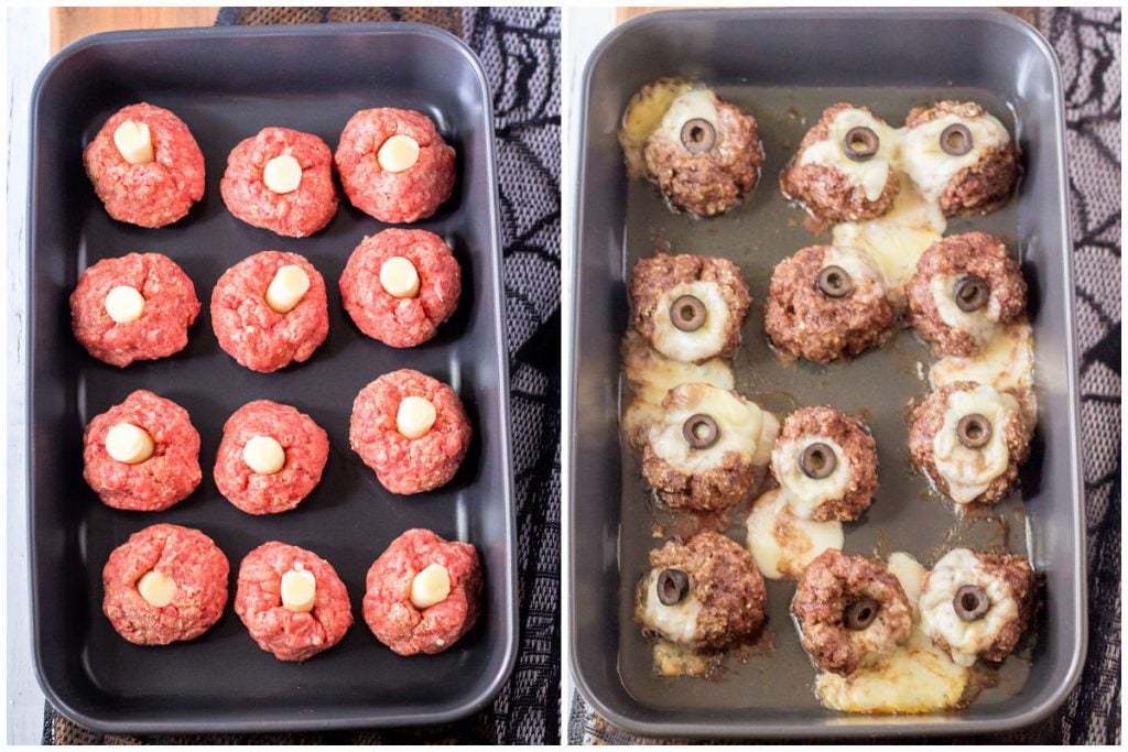 collage of cheese stuffed meatballs in a baking dish - cooked & uncooked