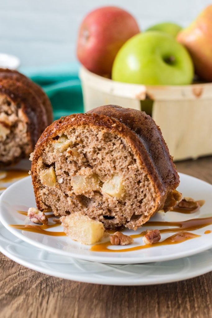 slice of apple cinnamon bundt cake on white plates