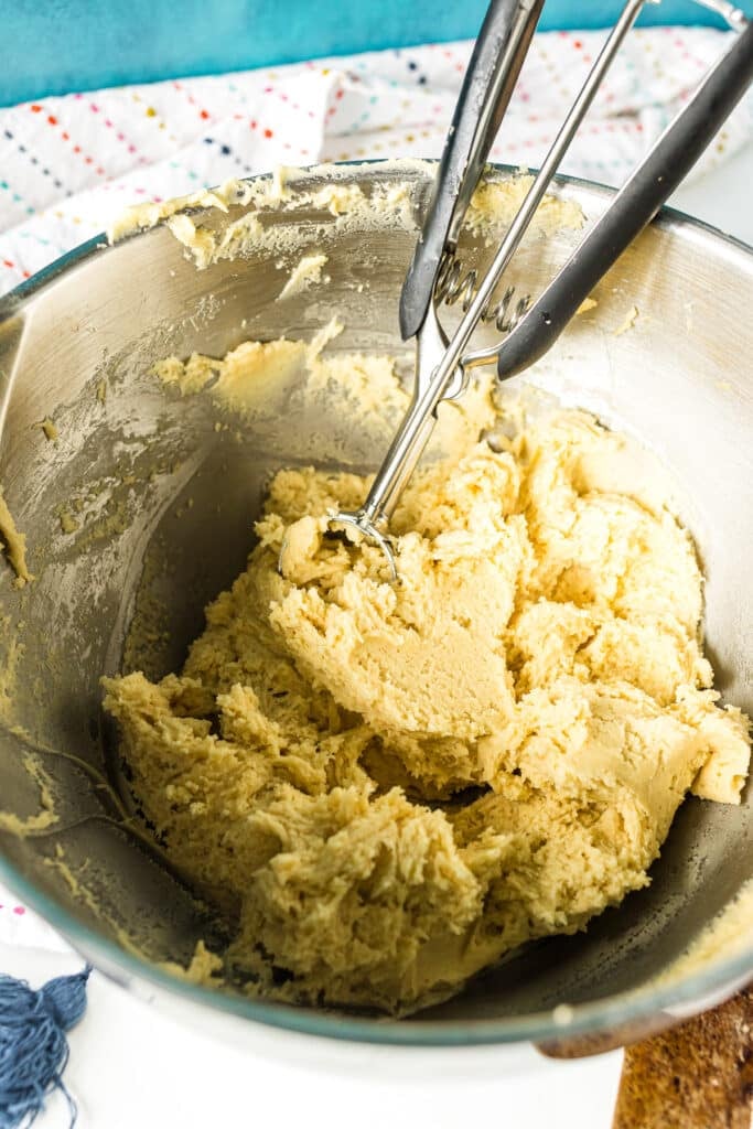 sugar cookie dough in a mixing bowl.