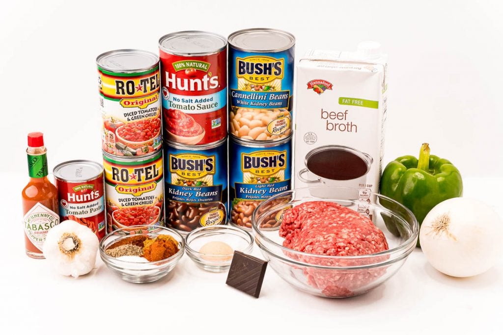 cans of beans and ingredients laid out to make chili