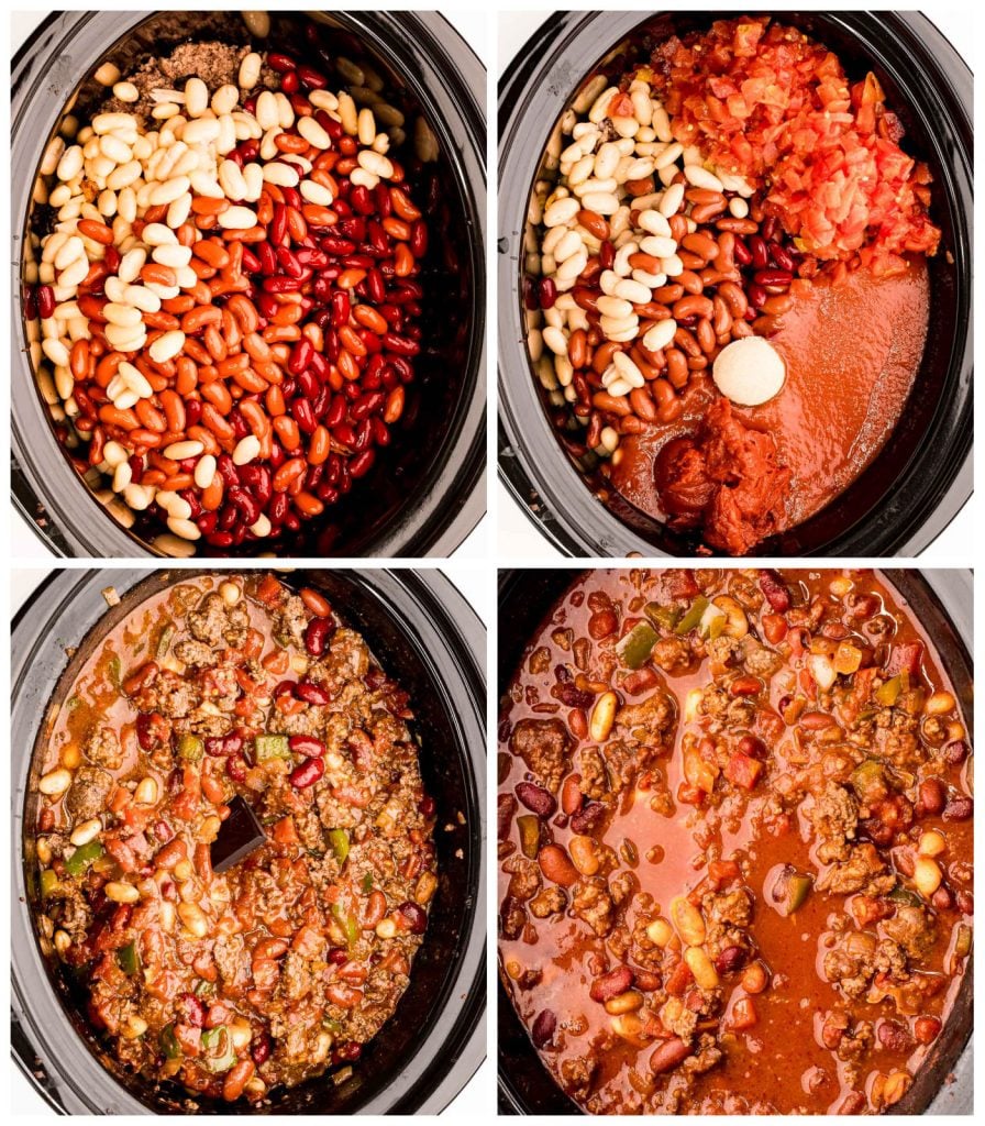 overhead collage of chili ingredients in slow cooker