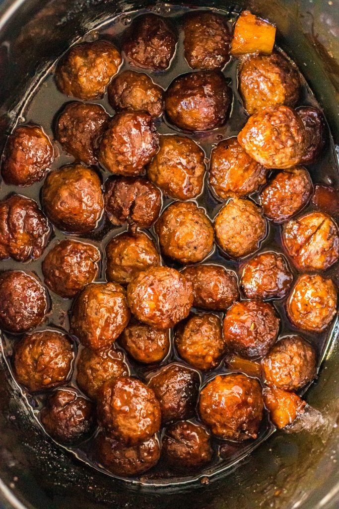 overhead shot of 3 ingredient teriyaki pineapple meatballs in crockpot