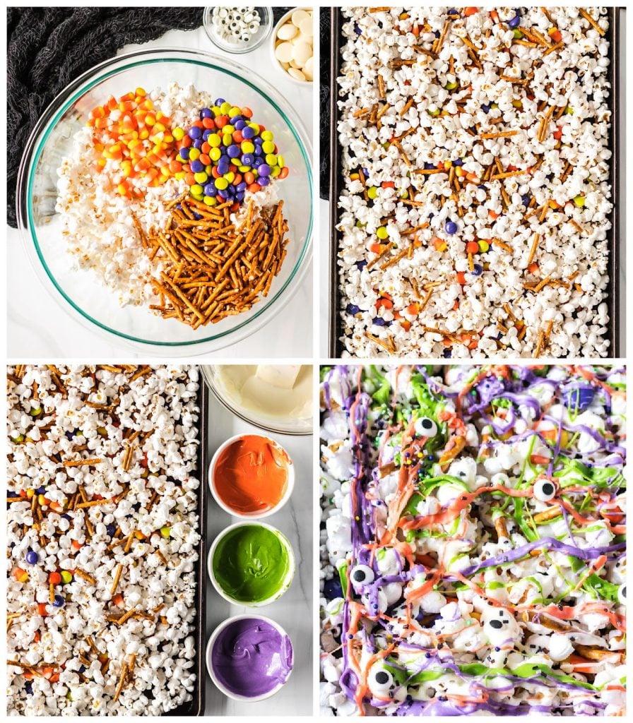 collage of photos showing the process of making colorful Halloween Monster Munch Popcorn MIx