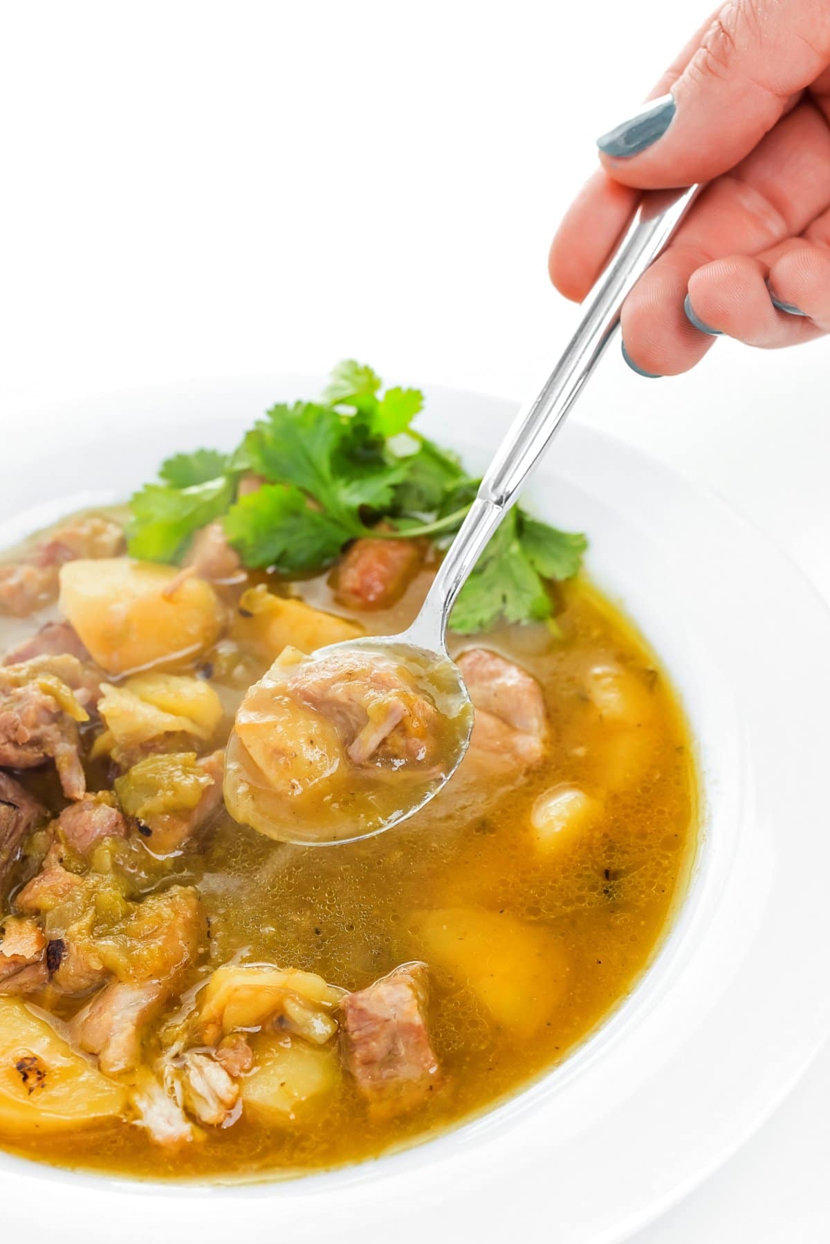 Spoonful of green chile stew over a bowl full.