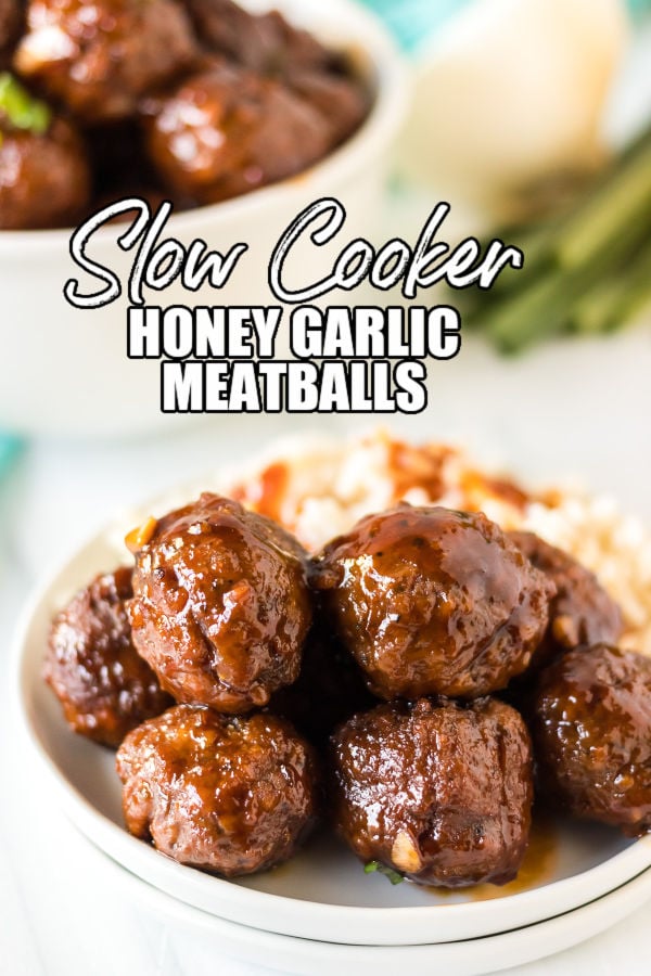 plate of meatballs with a side of rice with text reading "slow cooker honey garlic meatballs"