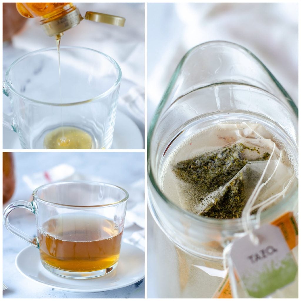 collage of pictures making a starbucks medicine ball tea