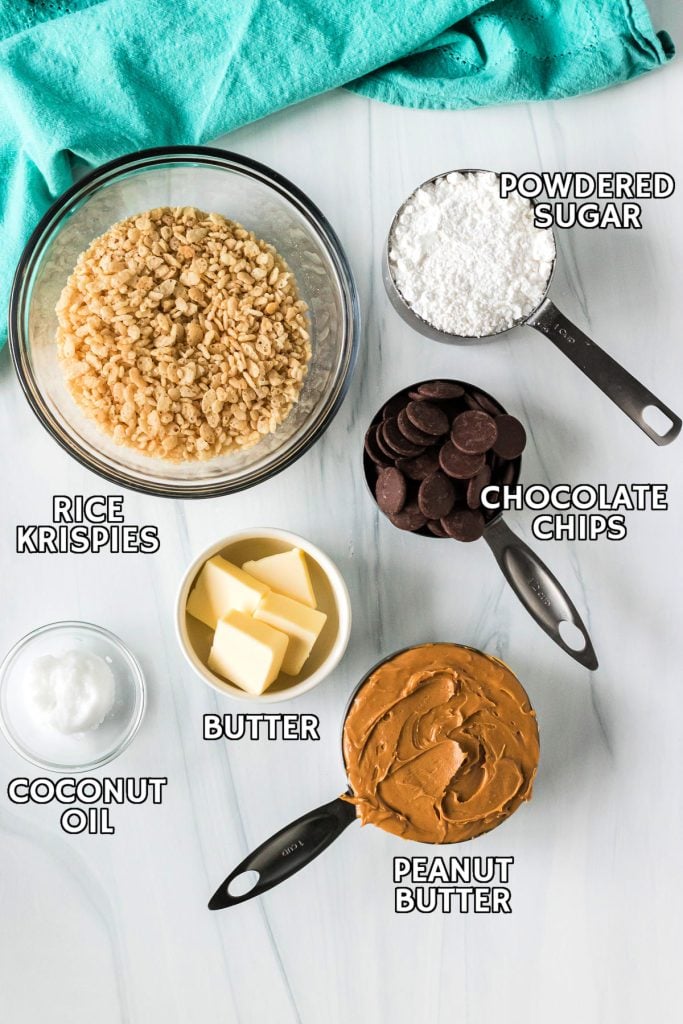 overhead shot of ingredients laid out to make pb rice krispie balls