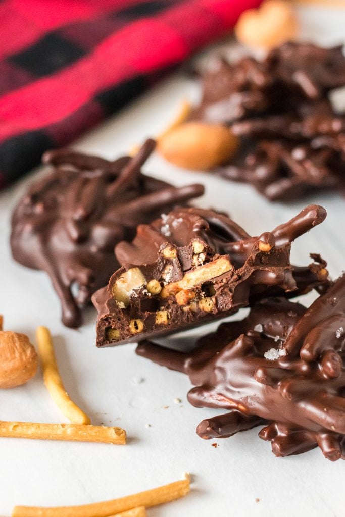 bitten chocolate haystack cookie showing crunchy inside texture