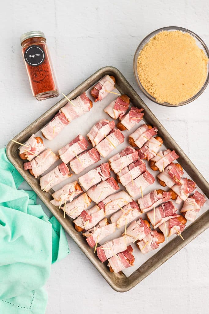 overhead shot of bacon wrapped little smokies.