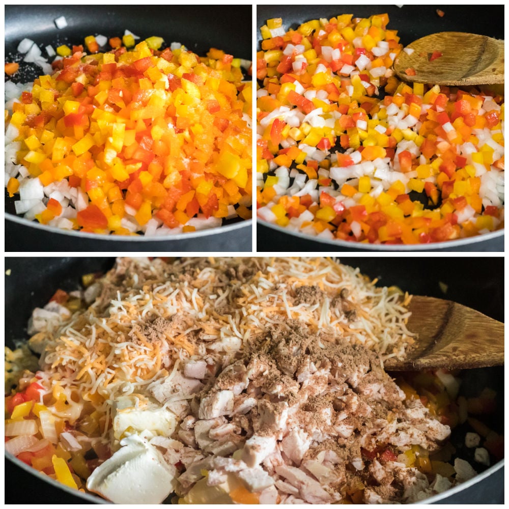 red, orange, and yellow bell peppers sauteing in a skillet