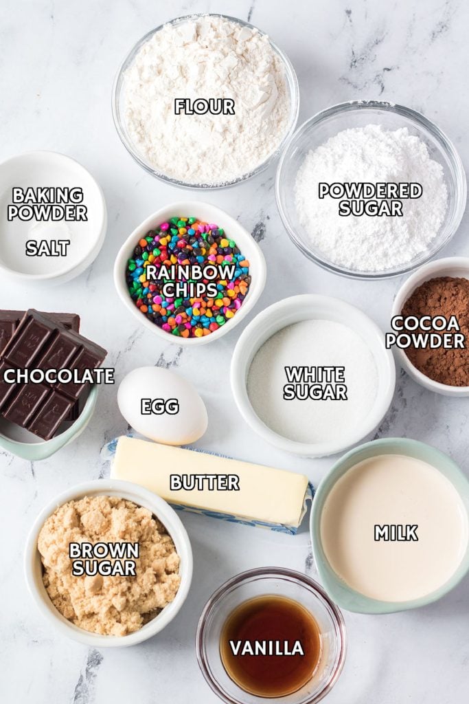 overhead shot of labeled ingredients laid out to make fudgy cookies.