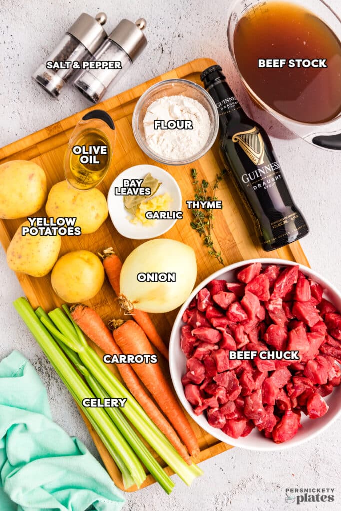 overhead shot of labeled ingredients laid out to make irish stew.