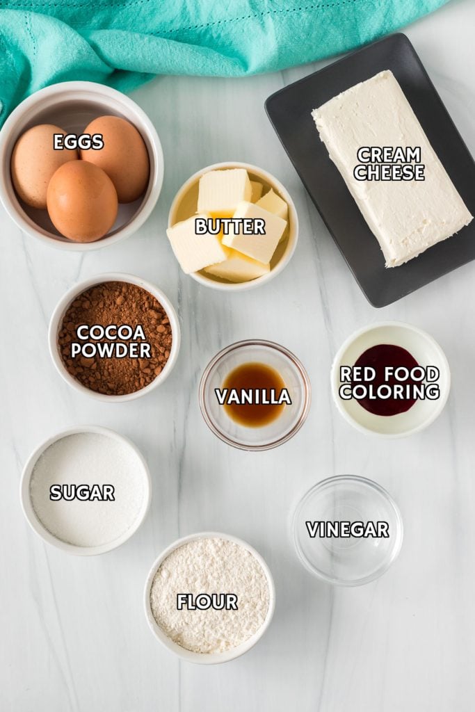 overhead shot of labeled ingredients laid out to make red velvet brownies.