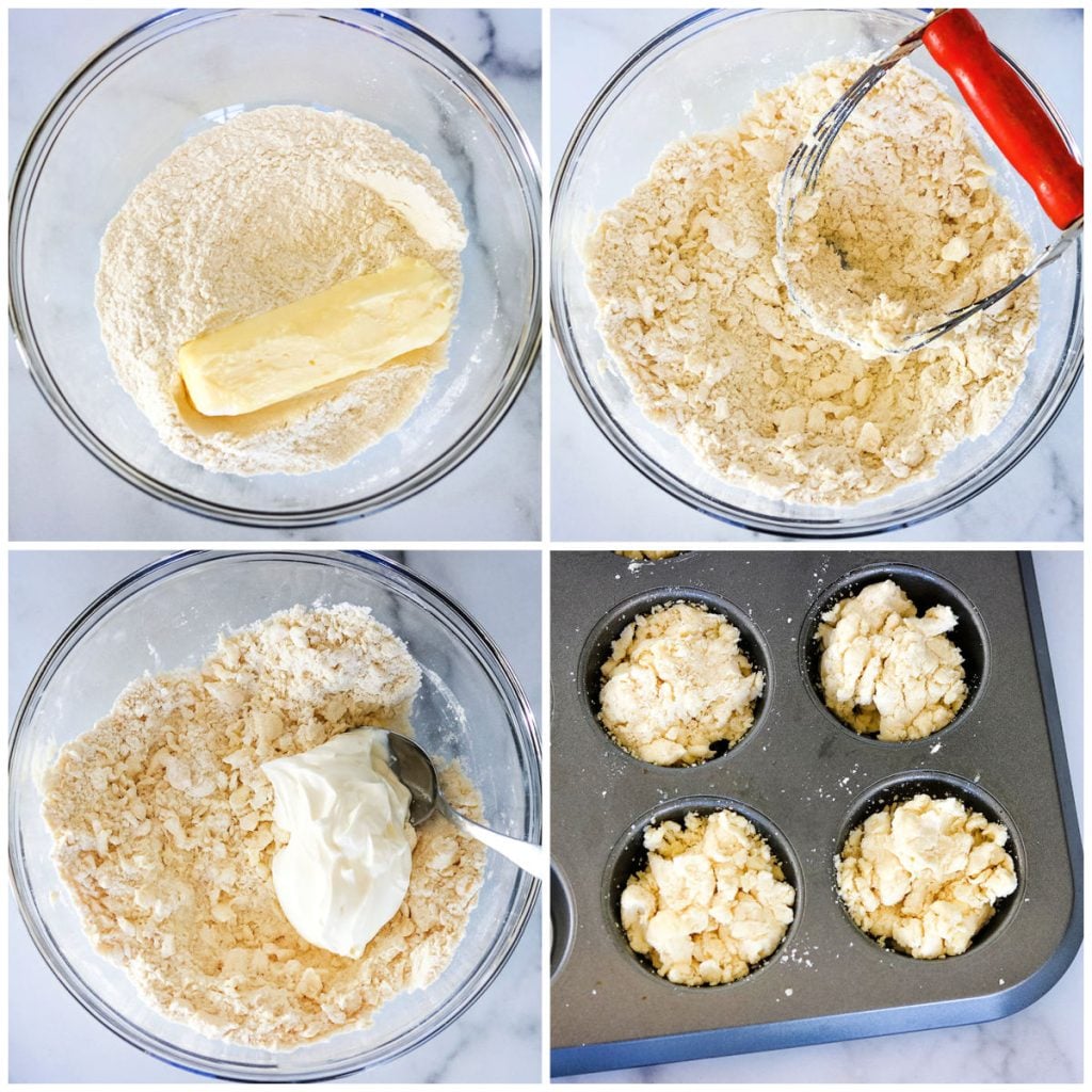 collage of 4 photos showing the process of making drop biscuits.