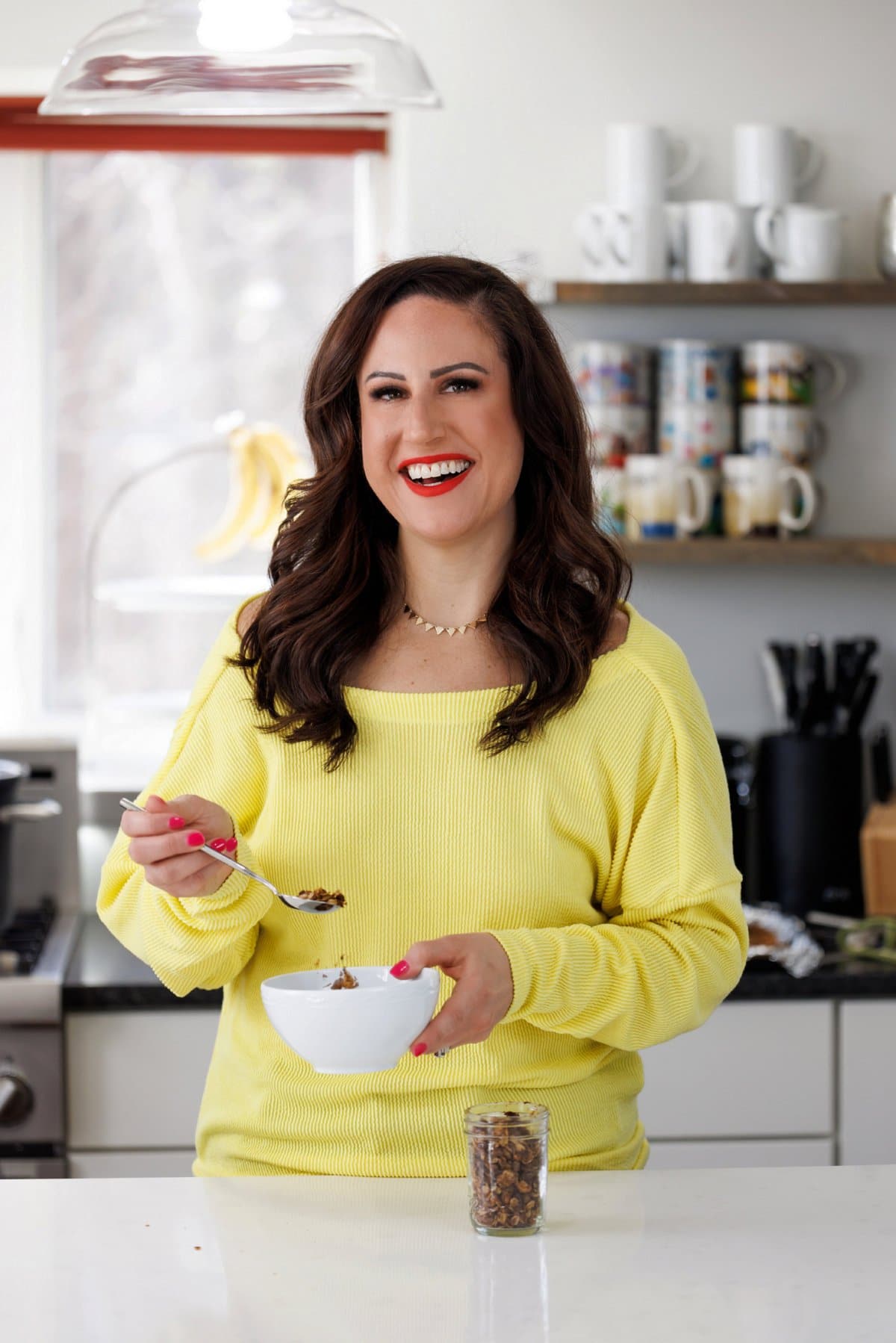 Liz eating high protein granola.