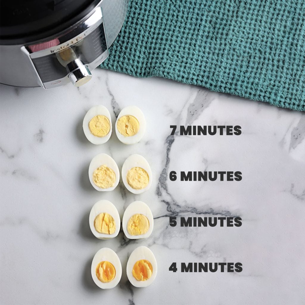 4 sliced eggs in a row showing different IP cook times.