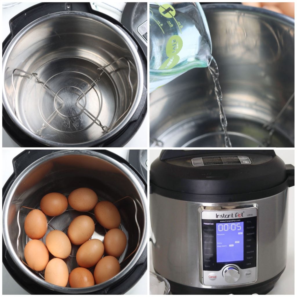 collage of 4 photos showing the process of making hard boiled eggs in an instant pot.