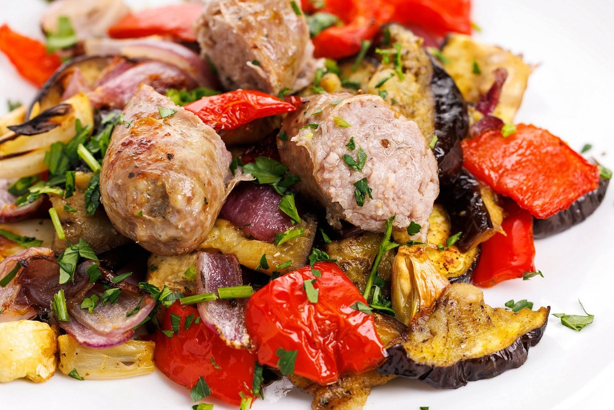 sheet pan sausage, eggplant, and peppers.