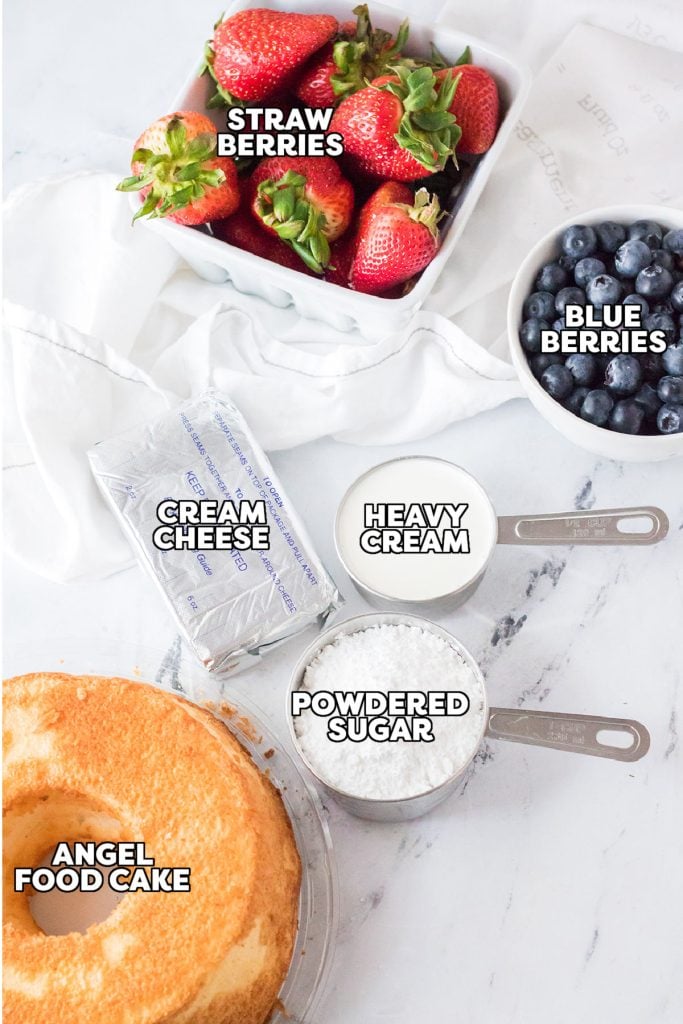 overhead shot of labeled ingredients to make berry fluff.