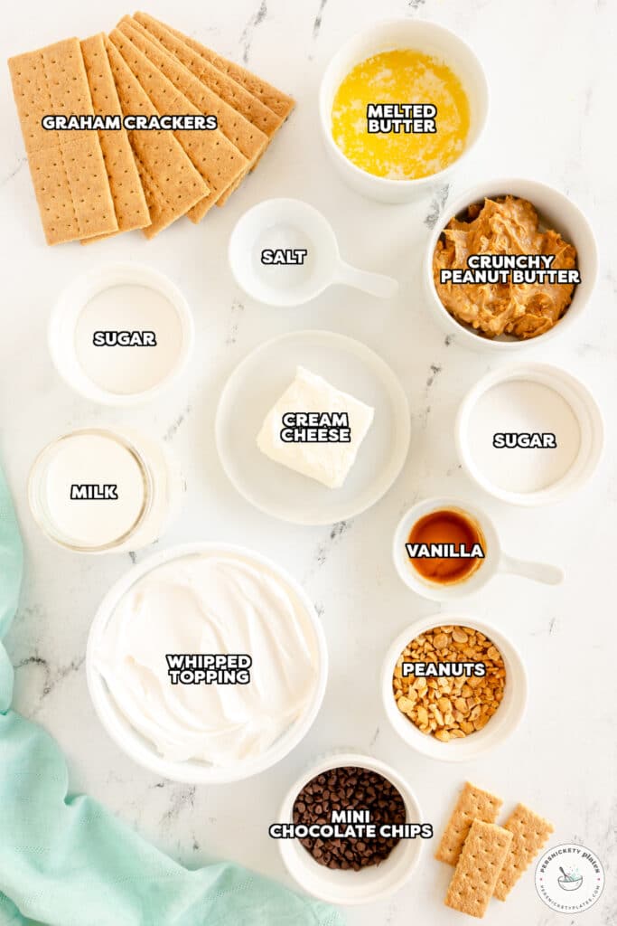 overhead shot of labeled ingredients laid out to make peanut butter pie.