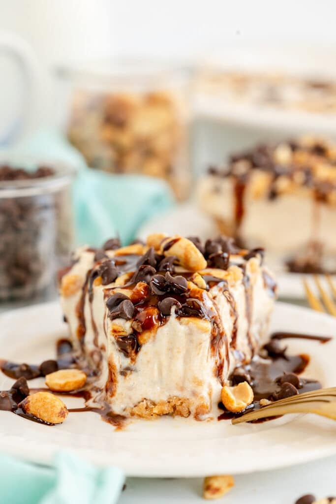 slice of peanut butter pie with chocolate sauce & peanuts on top.
