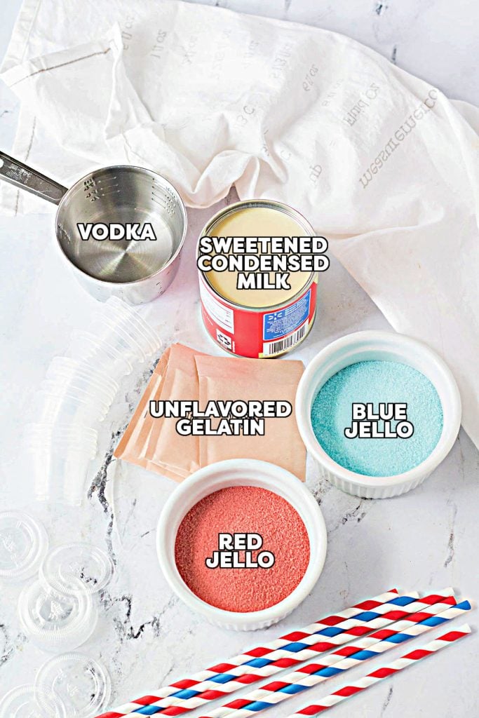overhead shot of labeled ingredients laid out to make jello shots.