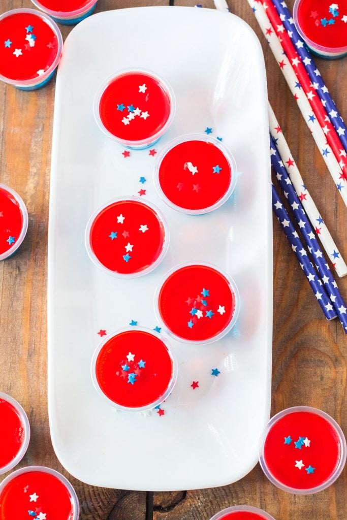 overhead shot of red jello shots.