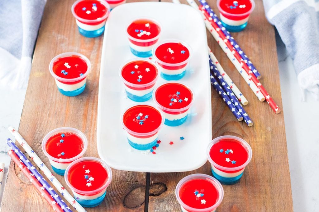 platter of red white blue jello shots.