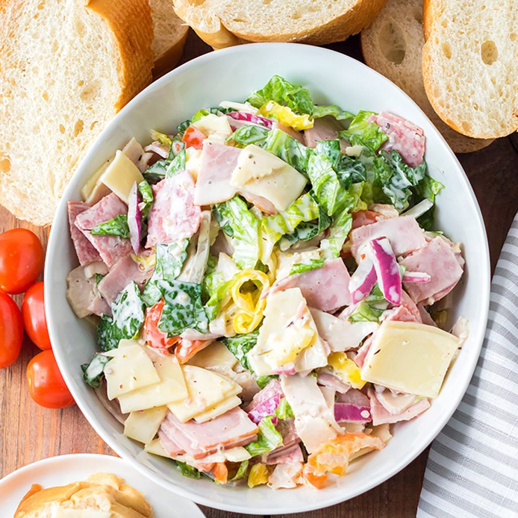 overhead shot of a large bowl of hoagie dip.