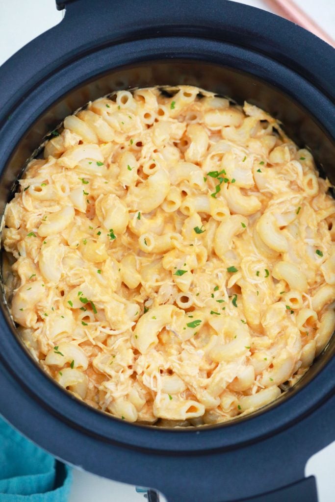 overhead shot of buffalo chicken mac & cheese in a crockpot.