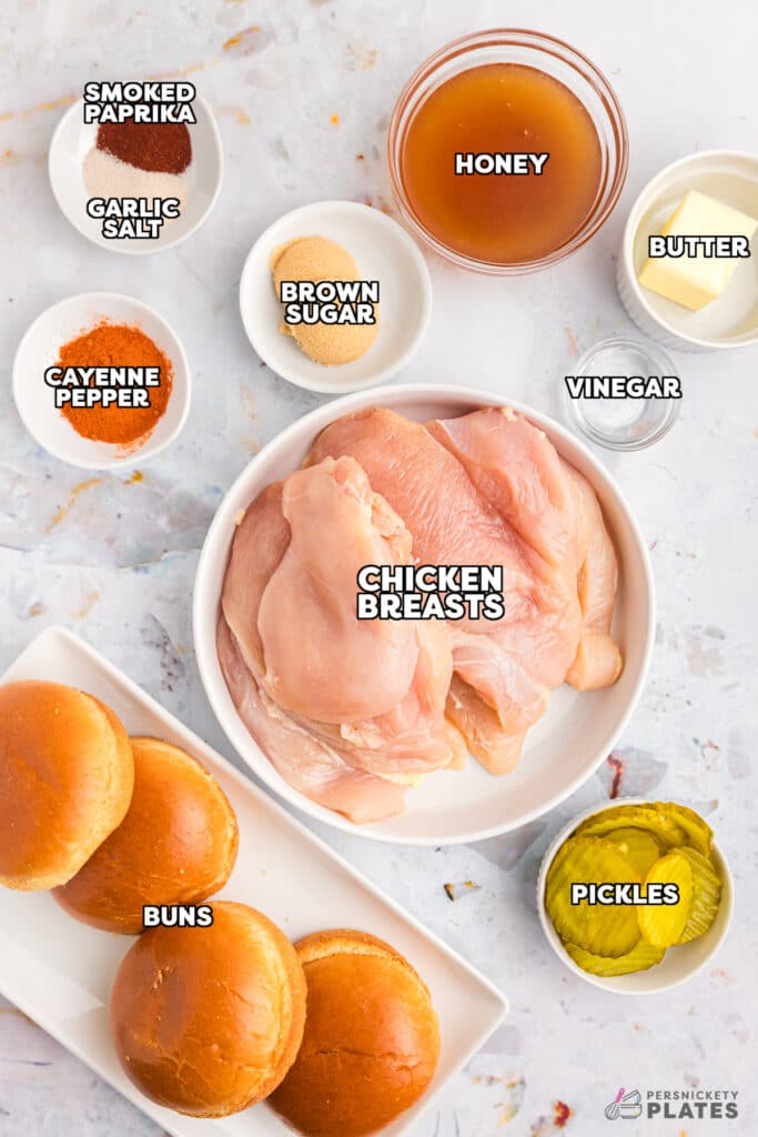 labeled ingredients laid out to make slow cooker hot honey chicken.