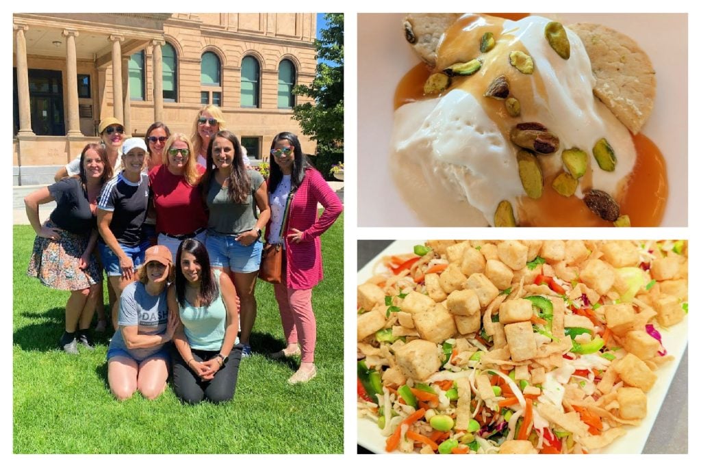 collage of photos showing bloggers in front of world prize food hall & dishes made with tofu.