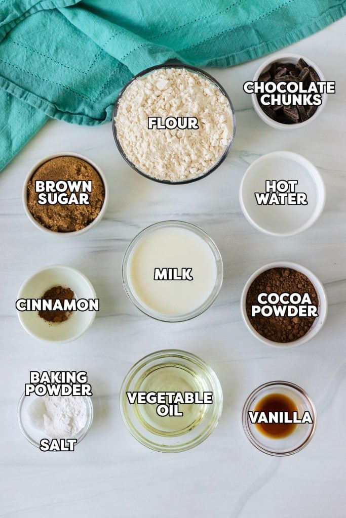 overhead shot of labeled ingredients ready to make a crockpot lava cake recipe.