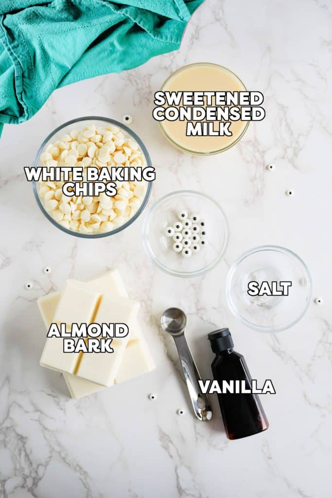 overhead shot of labeled ingredients laid out to make fudge.