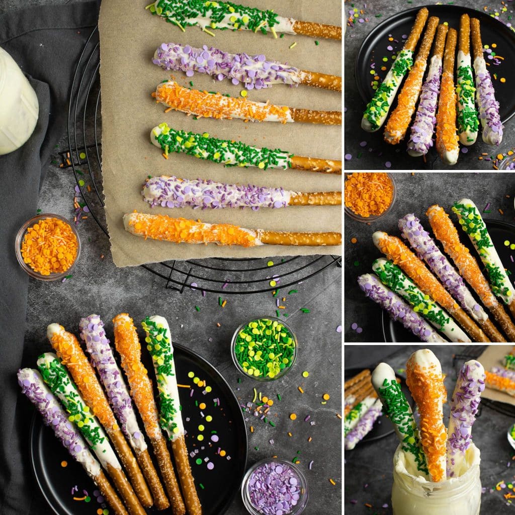 collage of photos showing halloween pretzel rods. 