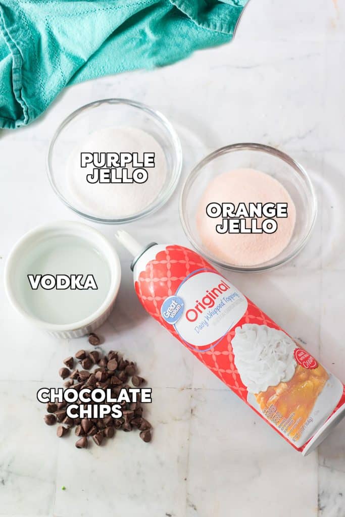 overhead shot of labeled ingredients laid out to make halloween jello shots.