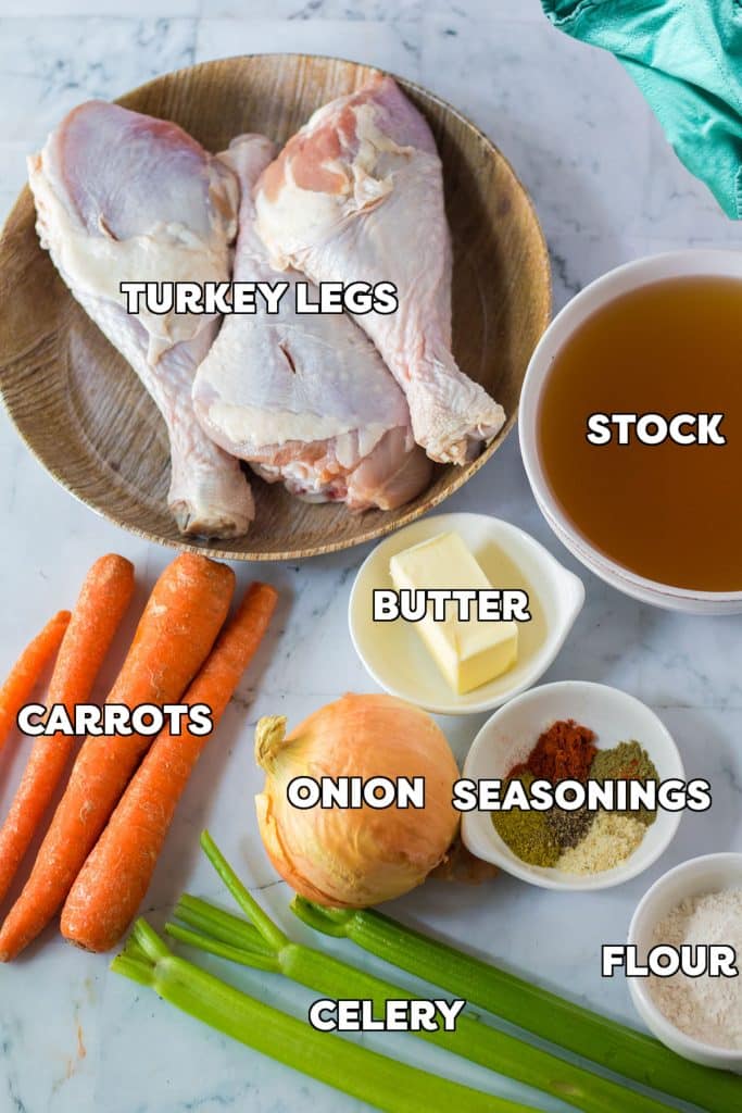 overhead shot of labeled ingredients laid out to make turkey gravy.