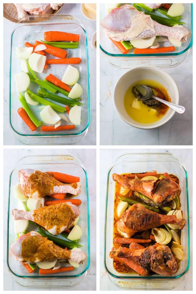 collage of 4 photos showing the process of roasting turkey legs and veggies for gravy.