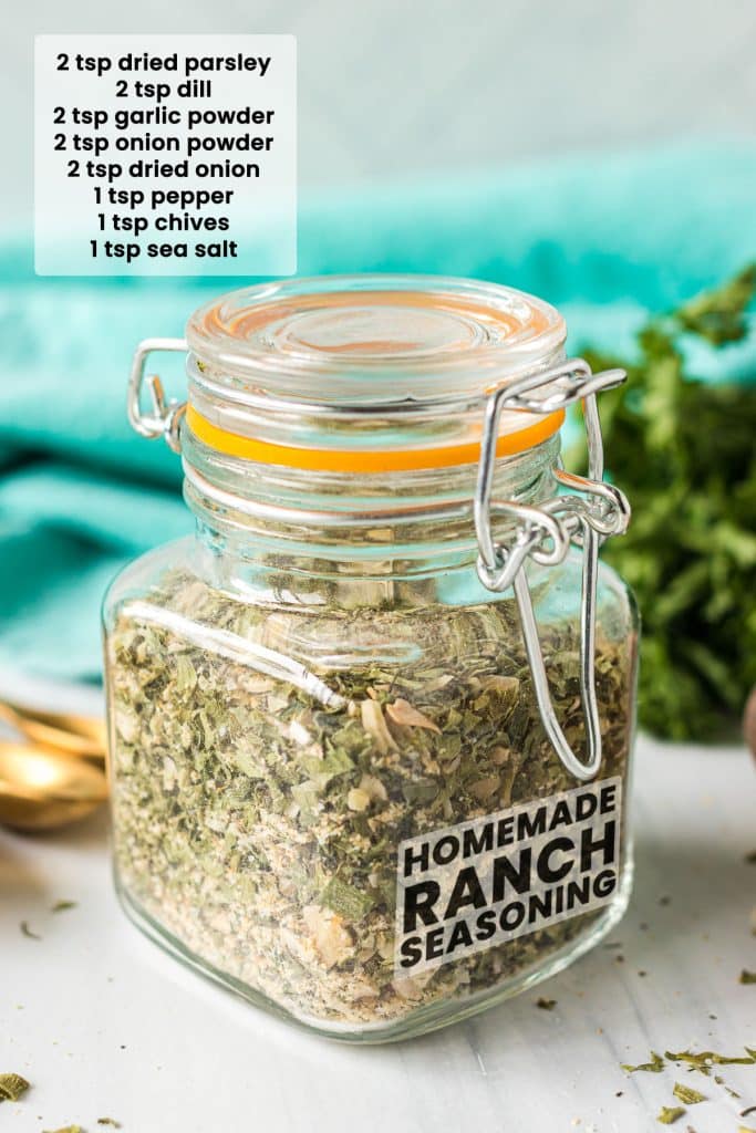 glass jar of homemade ranch seasoning with recipe overlaid.