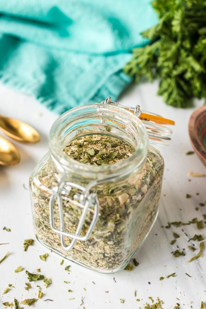 ranch seasoning mix in a small glass jar.